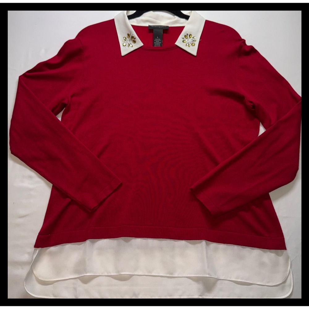 Investments Sweater Women Large Red Collared Layered Embellished Pullover